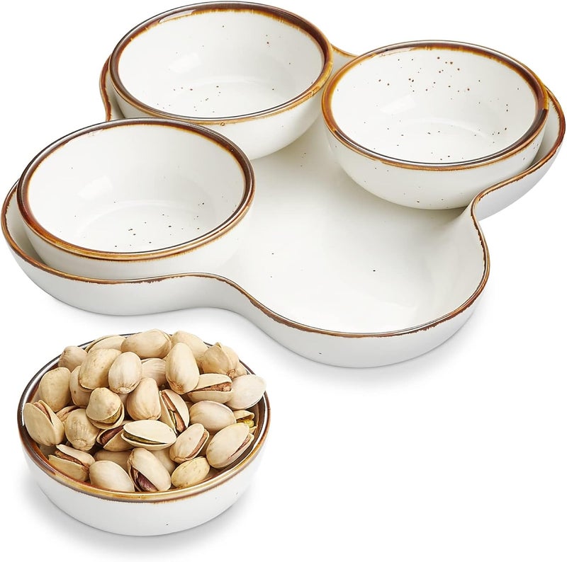 Onemore Chip and Dip Serving Set, 8.5 inch Speckled Ceramic Divided Serving Platter Small Appetizer Tray with 4 Removable Dishes for Nuts, Candy, Snacks, Veggies, Rustic Serving Bowls for Entertaining - Image 1
